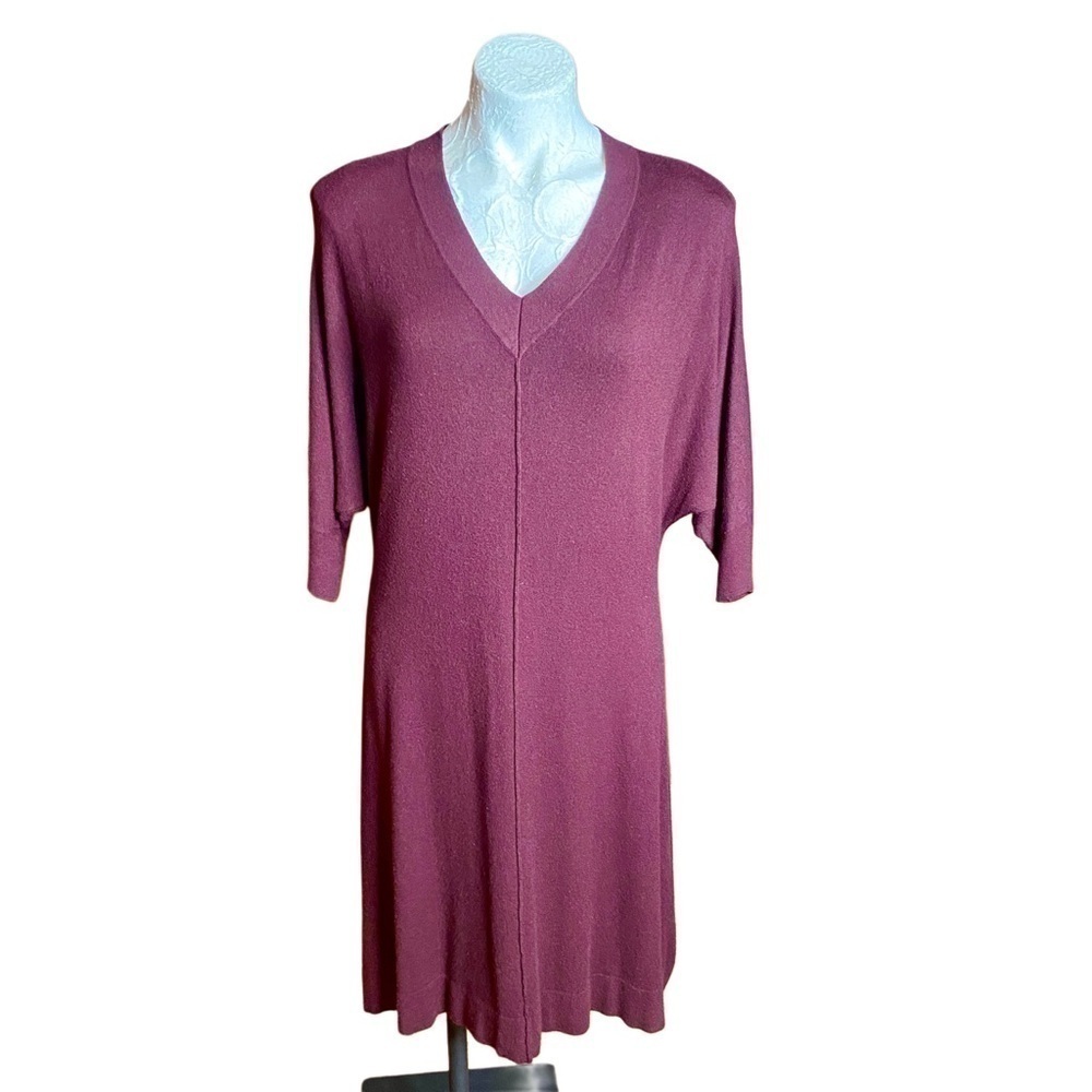 Burgundy Wine sweater dress by Orange Village Fashions V Neck stretch L or XL